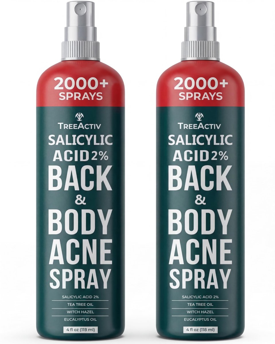 TreeActiv Salicylsäure Rücken & Körper Akne Spray – Feiner Nebel gegen Bacne & Brustakne, mit Teebaumöl + Eukalyptus, schnell trocknend, nicht färbend, 4 fl oz (2er-Pack, insgesamt 8 fl oz)