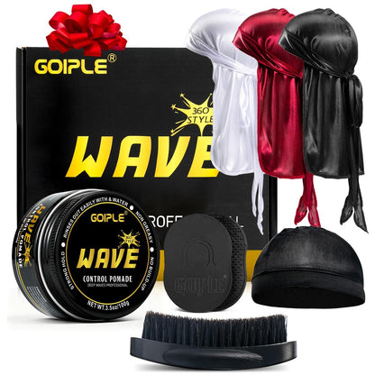 Goiple Wave Pomade für Männer – Starker Halt, einfaches Auswaschen, 360-Wellen-Training-Haarpomade, Wellencreme für Männer für geschichtete Wellen, Feuchtigkeit, Kontrolle und seidigen Glanz – inklusive Bürste und Durag-Kappe-Set