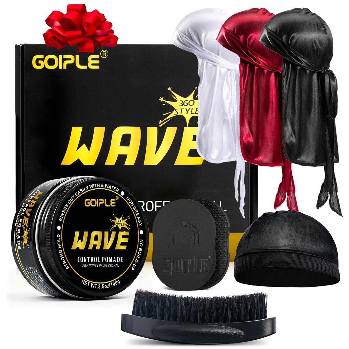 Goiple Wave Pomade für Männer – Starker Halt, einfaches Auswaschen, 360-Wellen-Training-Haarpomade, Wellencreme für Männer für geschichtete Wellen, Feuchtigkeit, Kontrolle und seidigen Glanz – inklusive Bürste und Durag-Kappe-Set