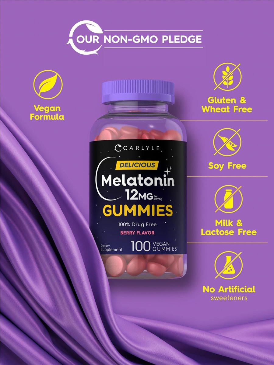 Carlyle Melatonin Gummies 12mg – 100 Stück | Beerengeschmack | Veganes Schlafmittel | Non-GMO, Glutenfrei