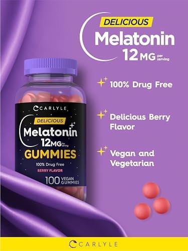 Carlyle Melatonin Gummies 12mg – 100 Stück | Beerengeschmack | Veganes Schlafmittel | Non-GMO, Glutenfrei