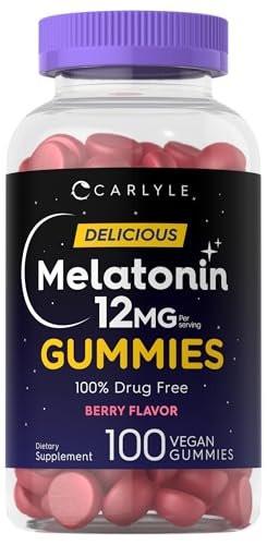 Carlyle Melatonin Gummies 12mg – 100 Stück | Beerengeschmack | Veganes Schlafmittel | Non-GMO, Glutenfrei