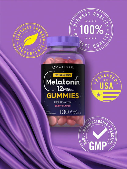 Carlyle Melatonin Gummies 12mg – 100 Stück | Beerengeschmack | Veganes Schlafmittel | Non-GMO, Glutenfrei