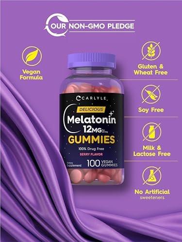 Carlyle Melatonin Gummies 12mg – 100 Stück | Beerengeschmack | Veganes Schlafmittel | Non-GMO, Glutenfrei