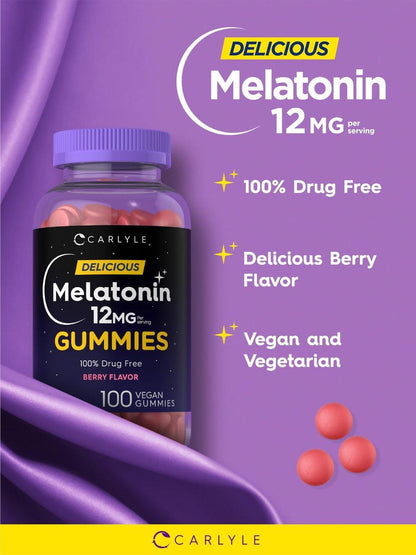 Carlyle Melatonin Gummies 12mg – 100 Stück | Beerengeschmack | Veganes Schlafmittel | Non-GMO, Glutenfrei