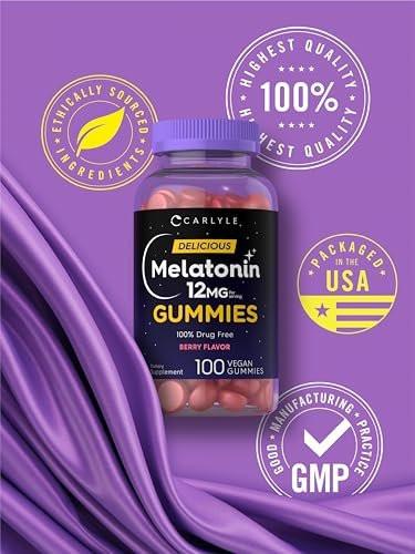 Carlyle Melatonin Gummies 12mg – 100 Stück | Beerengeschmack | Veganes Schlafmittel | Non-GMO, Glutenfrei