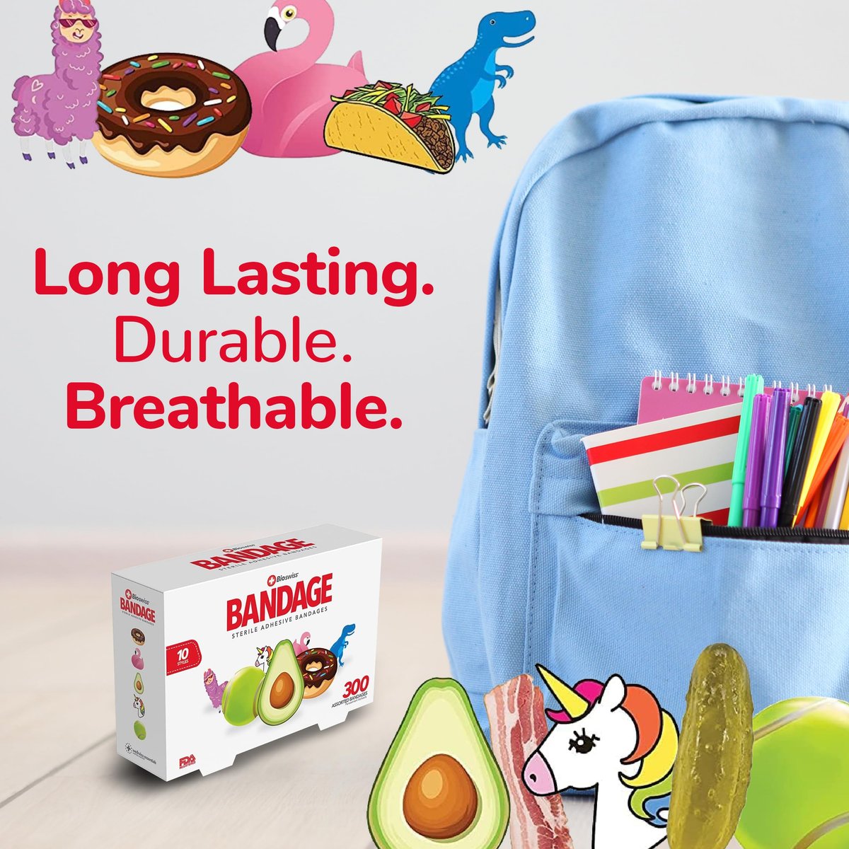 BioSwiss Pflaster-Set - 300 bunte Tier-, Spaß- und Lebensmittel-Formen, selbstklebend, latexfrei, steril