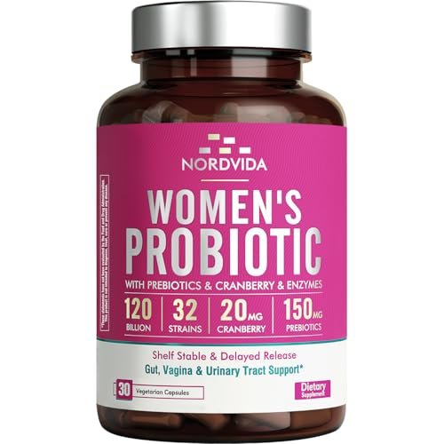 Nordvida Frauen Probiotikum – 120 Milliarden KBE & 32 Stämme mit Cranberry, Präbiotika & Verdauungsenzymen – Unterstützung für Darm, Vagina & Harnwege – 30 magensaftresistente Kapseln