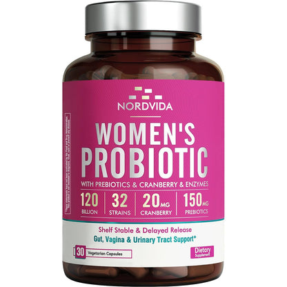 Nordvida Frauen Probiotikum – 120 Milliarden KBE & 32 Stämme mit Cranberry, Präbiotika & Verdauungsenzymen – Unterstützung für Darm, Vagina & Harnwege – 30 magensaftresistente Kapseln