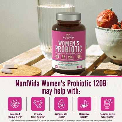 Nordvida Frauen Probiotikum – 120 Milliarden KBE & 32 Stämme mit Cranberry, Präbiotika & Verdauungsenzymen – Unterstützung für Darm, Vagina & Harnwege – 30 magensaftresistente Kapseln