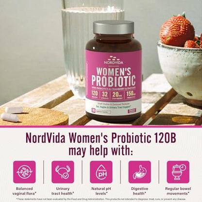 Nordvida Frauen Probiotikum – 120 Milliarden KBE & 32 Stämme mit Cranberry, Präbiotika & Verdauungsenzymen – Unterstützung für Darm, Vagina & Harnwege – 30 magensaftresistente Kapseln