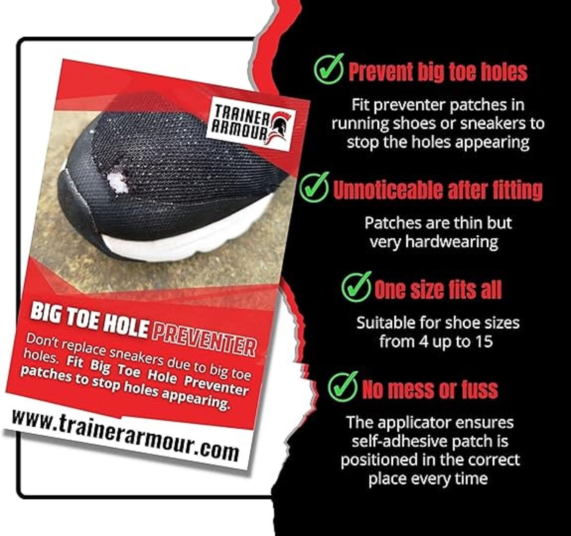 Brit Patch (vormals Trainer Armour) Big Toe Loch Präventivpflaster für Stoffschuhe. Selbstklebende Patches mit cleverem Applikator. Auch für Schuhreparatur (Schwarz, (A) Links & Rechts Fuß - Paar)