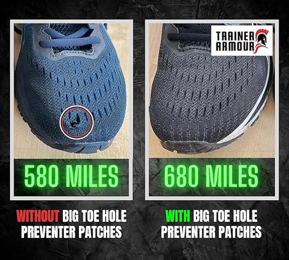 Brit Patch (vormals Trainer Armour) Big Toe Loch Präventivpflaster für Stoffschuhe. Selbstklebende Patches mit cleverem Applikator. Auch für Schuhreparatur (Schwarz, (A) Links & Rechts Fuß - Paar)