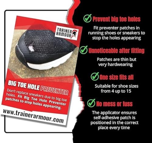 Brit Patch (vormals Trainer Armour) Big Toe Loch Präventivpflaster für Stoffschuhe. Selbstklebende Patches mit cleverem Applikator. Auch für Schuhreparatur (Schwarz, (A) Links & Rechts Fuß - Paar)