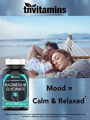 tnvitamins Magnesium Glycinat 300mg, 90 Kapseln | Hochabsorbierendes cheliertes Magnesium für Schlaf, Ruhe und Muskelunterstützung* | Non-GMO, Sanft, Nicht abführend | TNVitamins