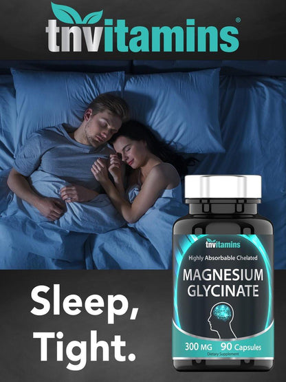 tnvitamins Magnesium Glycinat 300mg, 90 Kapseln | Hochabsorbierendes cheliertes Magnesium für Schlaf, Ruhe und Muskelunterstützung* | Non-GMO, Sanft, Nicht abführend | TNVitamins