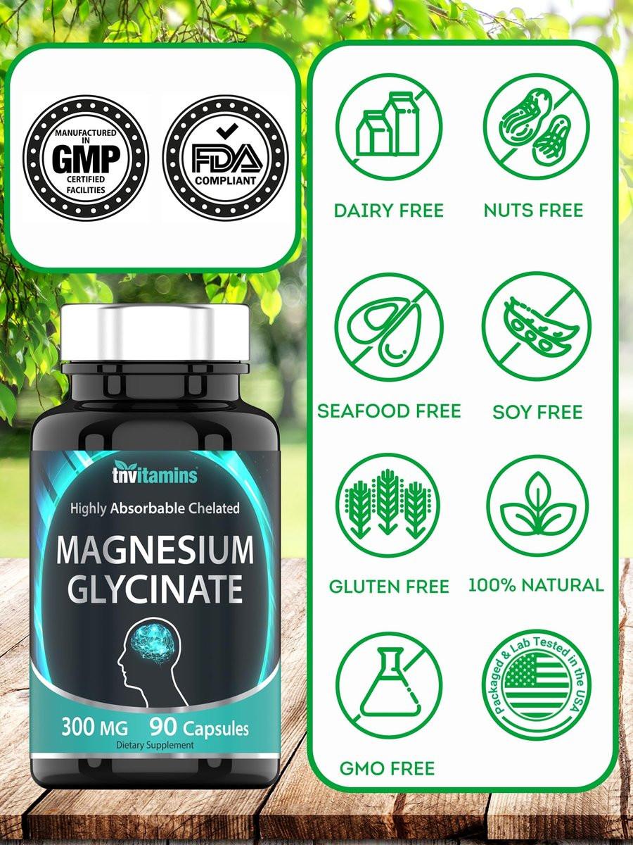 tnvitamins Magnesium Glycinat 300mg, 90 Kapseln | Hochabsorbierendes cheliertes Magnesium für Schlaf, Ruhe und Muskelunterstützung* | Non-GMO, Sanft, Nicht abführend | TNVitamins