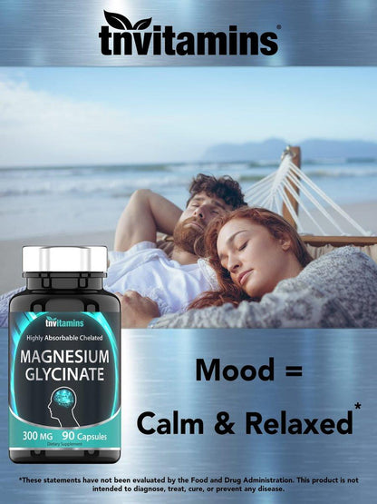 tnvitamins Magnesium Glycinat 300mg, 90 Kapseln | Hochabsorbierendes cheliertes Magnesium für Schlaf, Ruhe und Muskelunterstützung* | Non-GMO, Sanft, Nicht abführend | TNVitamins