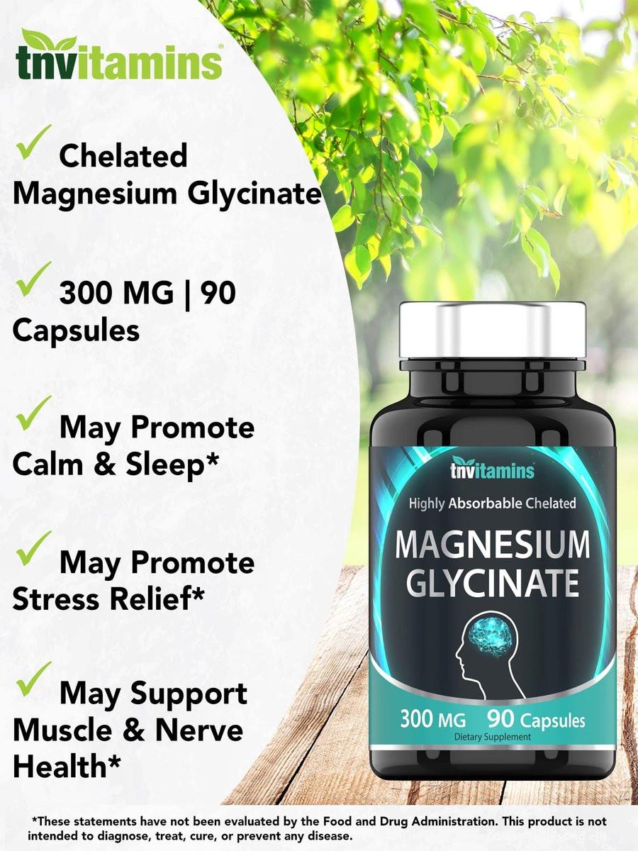 tnvitamins Magnesium Glycinat 300mg, 90 Kapseln | Hochabsorbierendes cheliertes Magnesium für Schlaf, Ruhe und Muskelunterstützung* | Non-GMO, Sanft, Nicht abführend | TNVitamins