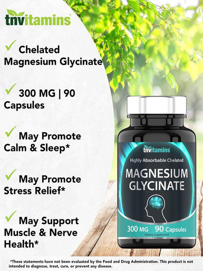tnvitamins Magnesium Glycinat 300mg, 90 Kapseln | Hochabsorbierendes cheliertes Magnesium für Schlaf, Ruhe und Muskelunterstützung* | Non-GMO, Sanft, Nicht abführend | TNVitamins