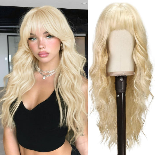 BARSDAR Lange Wellige Blonde Perücke mit Pony – 26 Zoll Synthetik-Haarperücke für Frauen, Dickes und Weiches Haar, Ideal für Alltag, Cosplay, Party und Halloween
