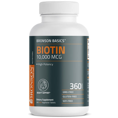 Bronson Biotin 10.000 mcg – Unterstützt gesundes Haar, Haut und Nägel – Vegetarisch, Nicht-GVO, 360 Tabletten