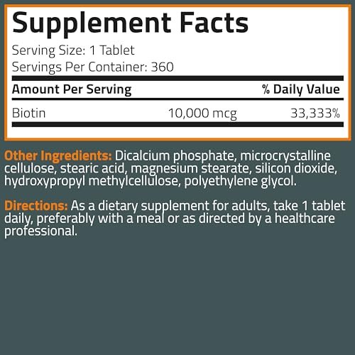 Bronson Biotin 10.000 mcg – Unterstützt gesundes Haar, Haut und Nägel – Vegetarisch, Nicht-GVO, 360 Tabletten