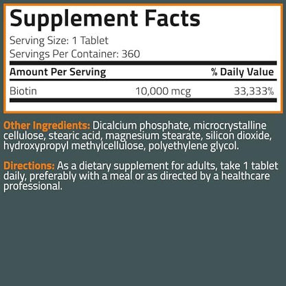 Bronson Biotin 10.000 mcg – Unterstützt gesundes Haar, Haut und Nägel – Vegetarisch, Nicht-GVO, 360 Tabletten
