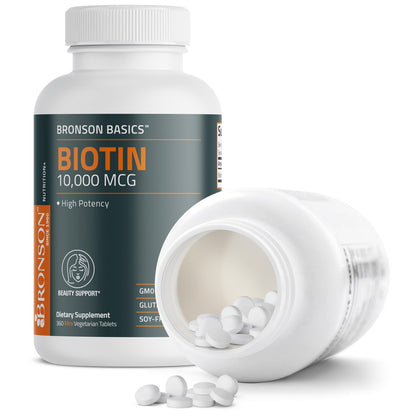 Bronson Biotin 10.000 mcg – Unterstützt gesundes Haar, Haut und Nägel – Vegetarisch, Nicht-GVO, 360 Tabletten