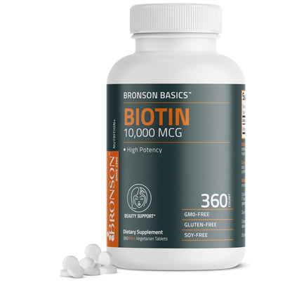 Bronson Biotin 10.000 mcg – Unterstützt gesundes Haar, Haut und Nägel – Vegetarisch, Nicht-GVO, 360 Tabletten