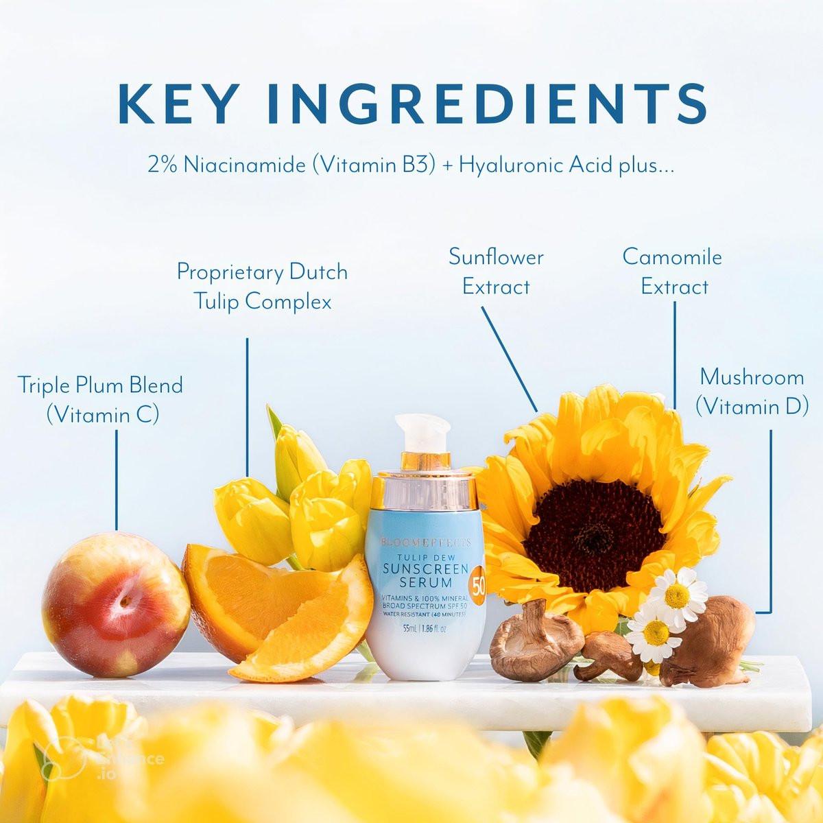 Bloomeffects Tulip Dew Sonnenschutz Serum mit mineralischem Breitband-LSF 50, wasserbeständig bis 40 Minuten, tierversuchsfreie Clean Beauty, 55 ml