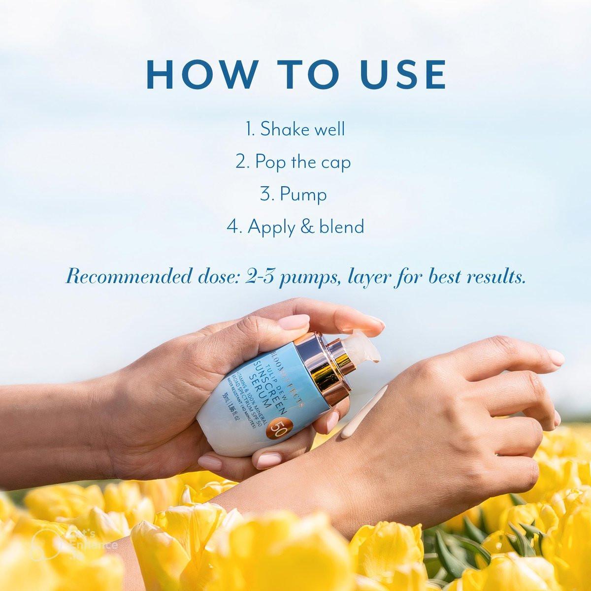 Bloomeffects Tulip Dew Sonnenschutz Serum mit mineralischem Breitband-LSF 50, wasserbeständig bis 40 Minuten, tierversuchsfreie Clean Beauty, 55 ml