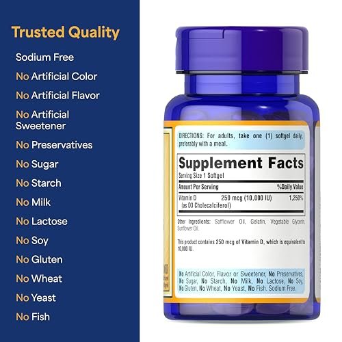Puritan's Pride Premium Sunvite™ Vitamin D3 10.000 IE – Hochdosiertes Nahrungsergänzungsmittel für Knochen, Zähne und Immunsystem – 100 Weichkapseln mit schneller Freisetzung
