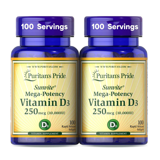 Puritan's Pride Premium Sunvite™ Vitamin D3 10.000 IE – Hochdosiertes Nahrungsergänzungsmittel für Knochen, Zähne und Immunsystem – 100 Weichkapseln mit schneller Freisetzung