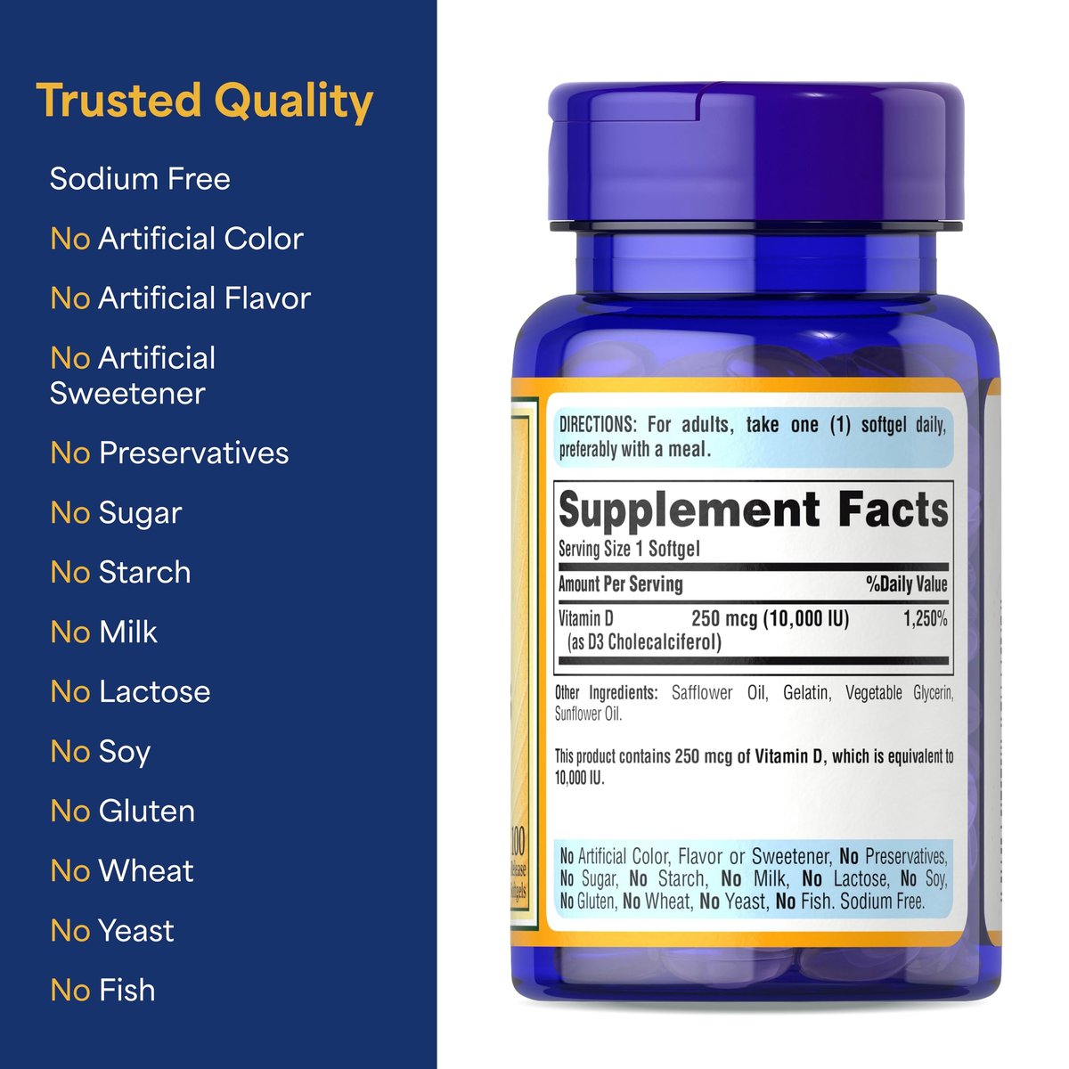 Puritan's Pride Premium Sunvite™ Vitamin D3 10.000 IE – Hochdosiertes Nahrungsergänzungsmittel für Knochen, Zähne und Immunsystem – 100 Weichkapseln mit schneller Freisetzung