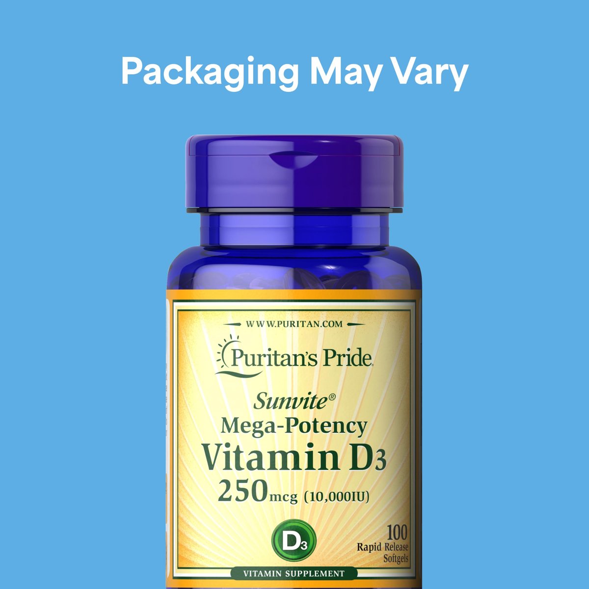 Puritan's Pride Premium Sunvite™ Vitamin D3 10.000 IE – Hochdosiertes Nahrungsergänzungsmittel für Knochen, Zähne und Immunsystem – 100 Weichkapseln mit schneller Freisetzung