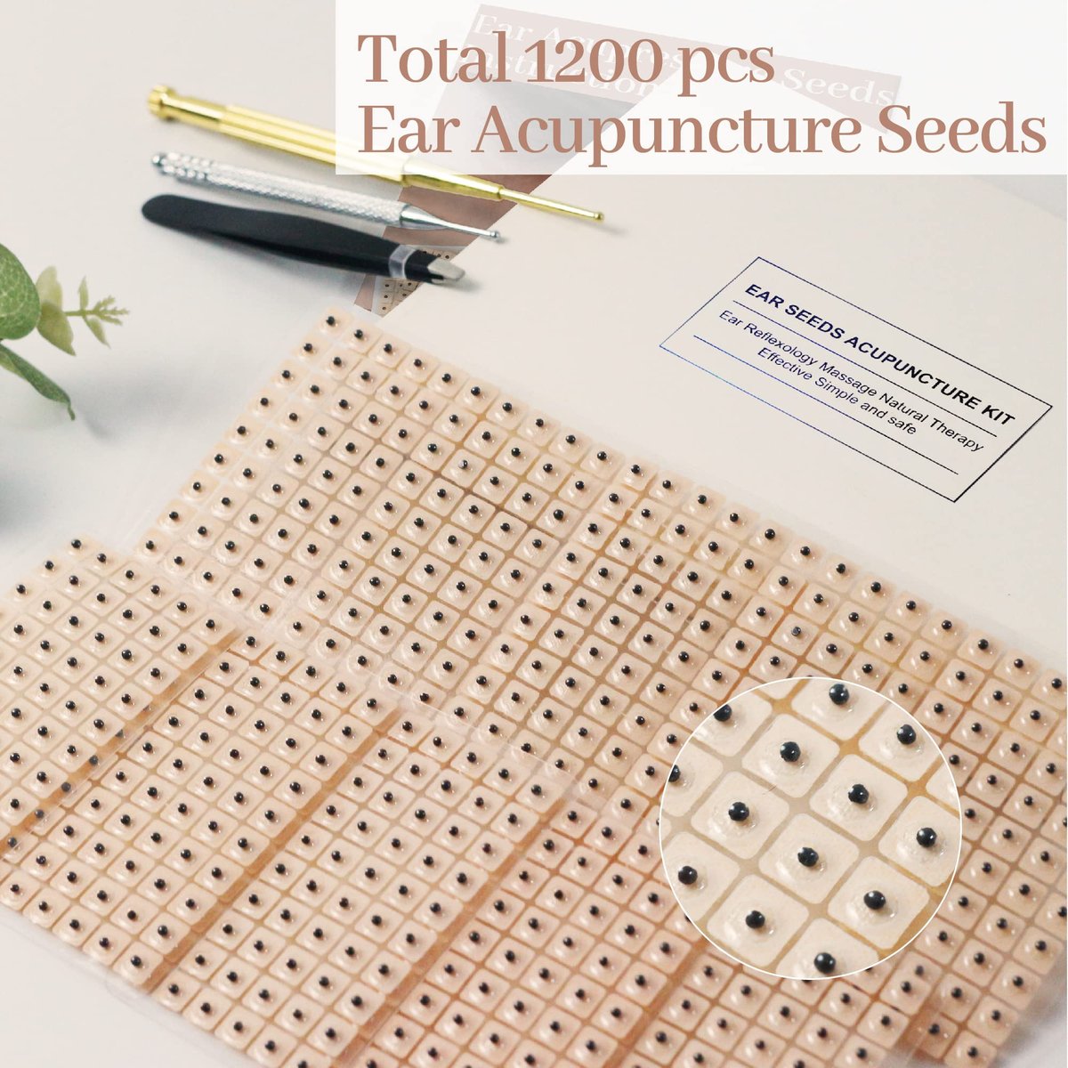 1200-teiliges Ohrsamen-Akupunktur-Set – Aurikuläre Aufkleber mit Akupunkturstift, Ohrkarte und Pinzette