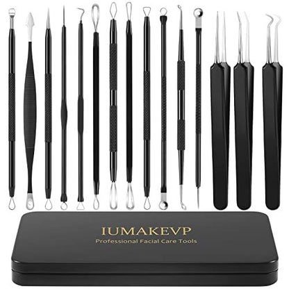 IUMAKEVP 15-teiliges professionelles Pickel-Entferner-Werkzeug-Set aus Edelstahl – Mitesser-Entferner für das Gesicht – inklusive Aufbewahrungsetui (Schwarz)