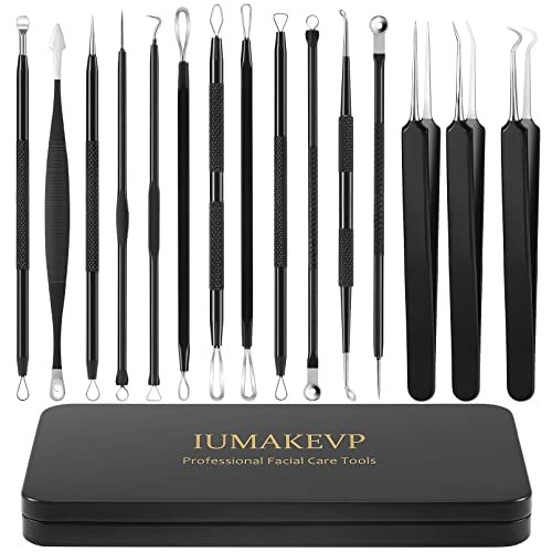 IUMAKEVP 15-teiliges professionelles Pickel-Entferner-Werkzeug-Set aus Edelstahl – Mitesser-Entferner für das Gesicht – inklusive Aufbewahrungsetui (Schwarz)