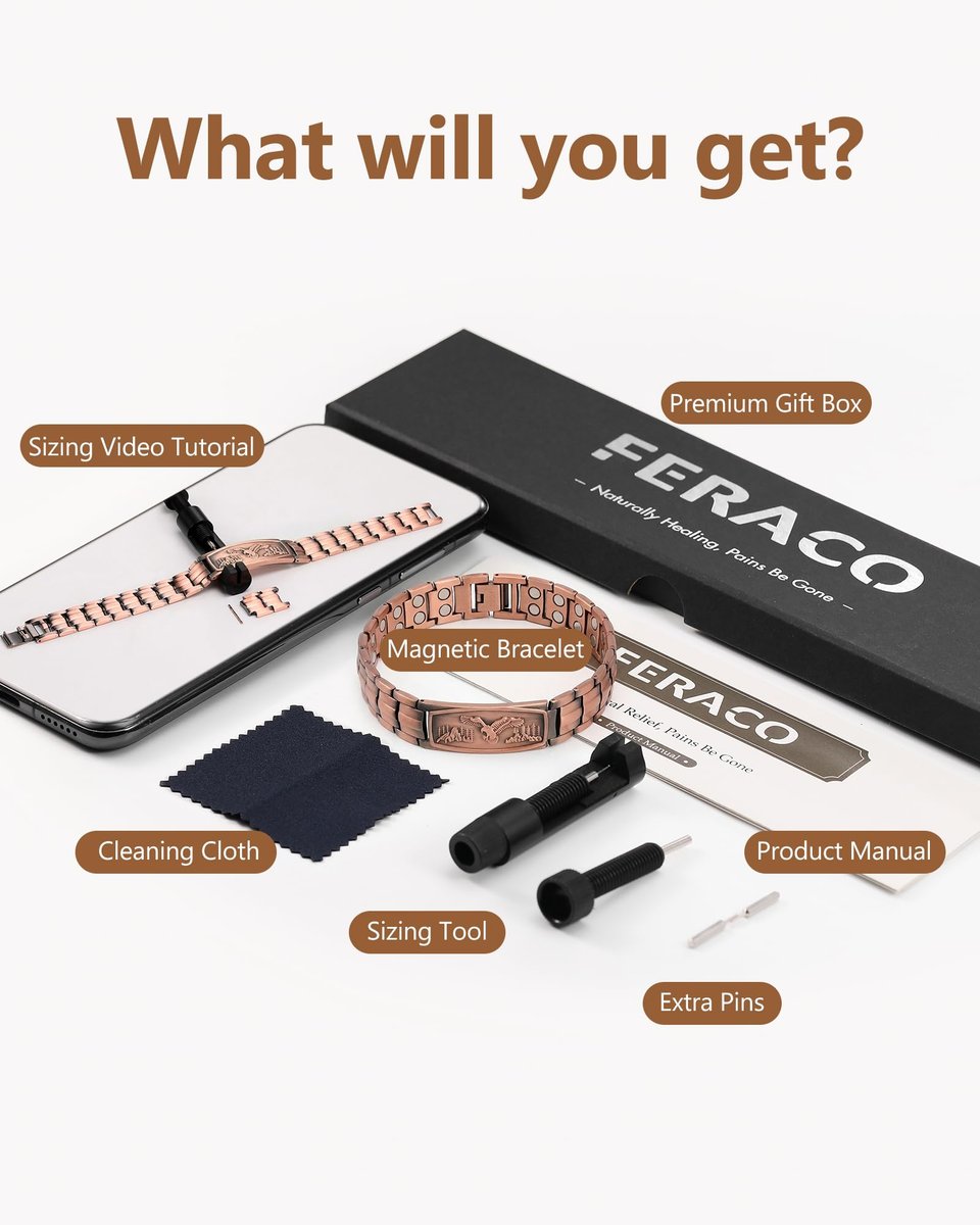 Feraco Kupferarmband für Männer – Magnetarmband aus 99,99 % reinem Kupfer mit Adler-Motiv und verstellbarem Größenwerkzeug