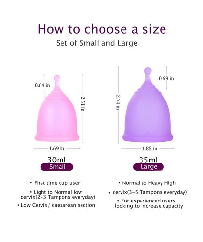 Ginalaia Menstruationstassen mit zusammenklappbarem Aufbewahrungsbecher, auslaufsicheres Design aus medizinischem Silikon, wiederverwendbar, Tampon- und Bindenalternative, für leichte und starke Tage, groß+klein