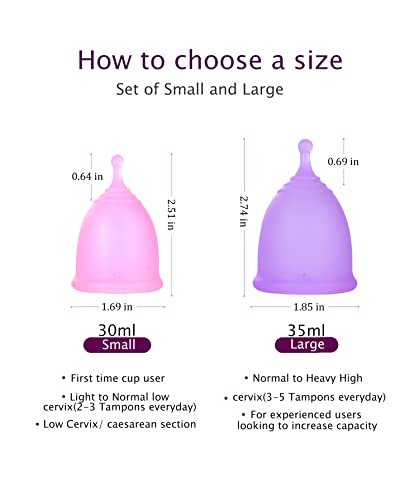 Ginalaia Menstruationstassen mit zusammenklappbarem Aufbewahrungsbecher, auslaufsicheres Design aus medizinischem Silikon, wiederverwendbar, Tampon- und Bindenalternative, für leichte und starke Tage, groß+klein