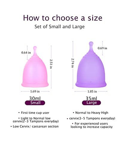 Ginalaia Menstruationstassen mit zusammenklappbarem Aufbewahrungsbecher, auslaufsicheres Design aus medizinischem Silikon, wiederverwendbar, Tampon- und Bindenalternative, für leichte und starke Tage, groß+klein