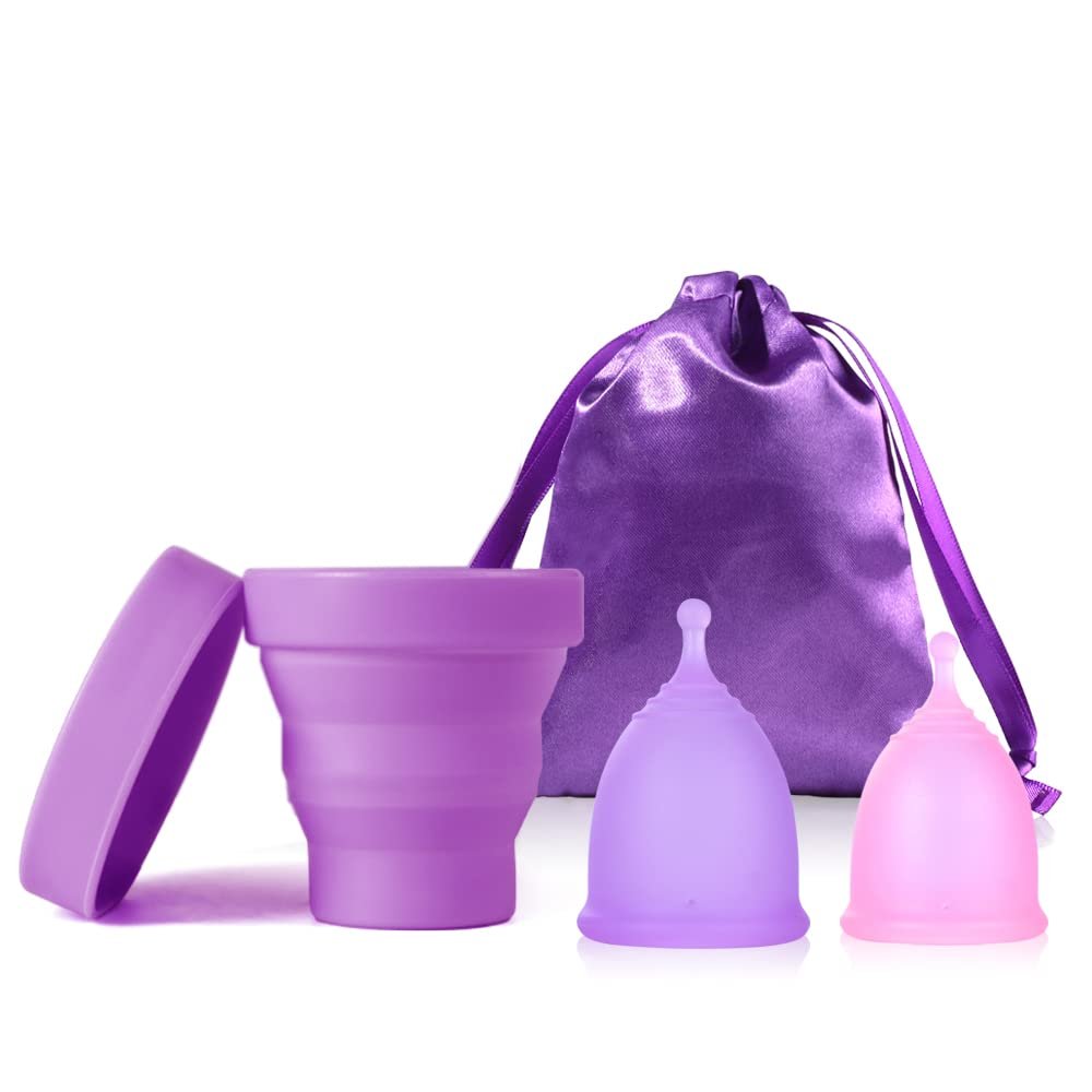 Ginalaia Menstruationstassen mit zusammenklappbarem Aufbewahrungsbecher, auslaufsicheres Design aus medizinischem Silikon, wiederverwendbar, Tampon- und Bindenalternative, für leichte und starke Tage, groß+klein