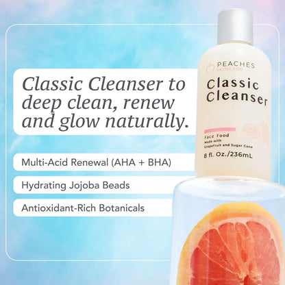 Peaches Skincare Feuchtigkeitsspendender Gesichtsreiniger – Veganer Waschschaum mit Grapefruit, Zuckerrohr und Gotu Kola – Sanft exfolierende tägliche Formel für alle Hauttypen – Klassischer Reiniger – 236 ml