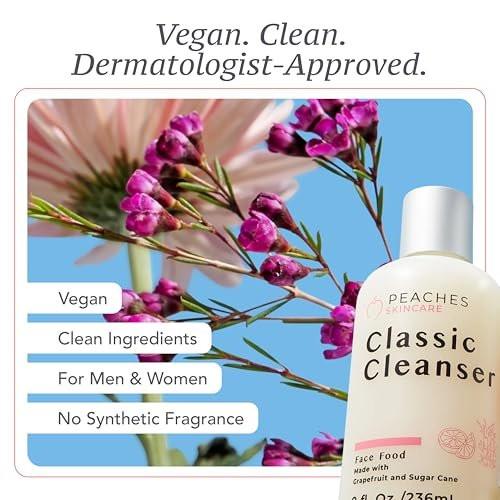 Peaches Skincare Feuchtigkeitsspendender Gesichtsreiniger – Veganer Waschschaum mit Grapefruit, Zuckerrohr und Gotu Kola – Sanft exfolierende tägliche Formel für alle Hauttypen – Klassischer Reiniger – 236 ml