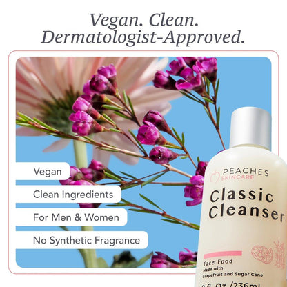 Peaches Skincare Feuchtigkeitsspendender Gesichtsreiniger – Veganer Waschschaum mit Grapefruit, Zuckerrohr und Gotu Kola – Sanft exfolierende tägliche Formel für alle Hauttypen – Klassischer Reiniger – 236 ml