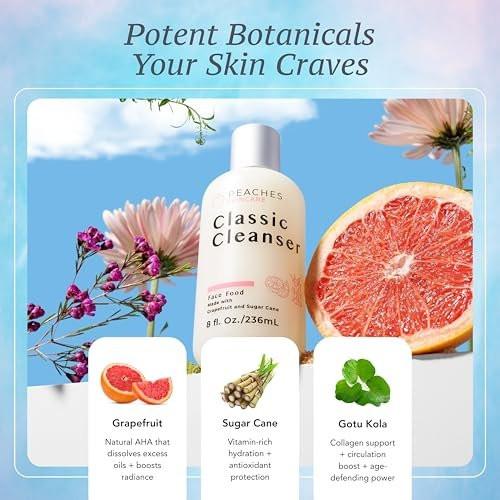 Peaches Skincare Feuchtigkeitsspendender Gesichtsreiniger – Veganer Waschschaum mit Grapefruit, Zuckerrohr und Gotu Kola – Sanft exfolierende tägliche Formel für alle Hauttypen – Klassischer Reiniger – 236 ml