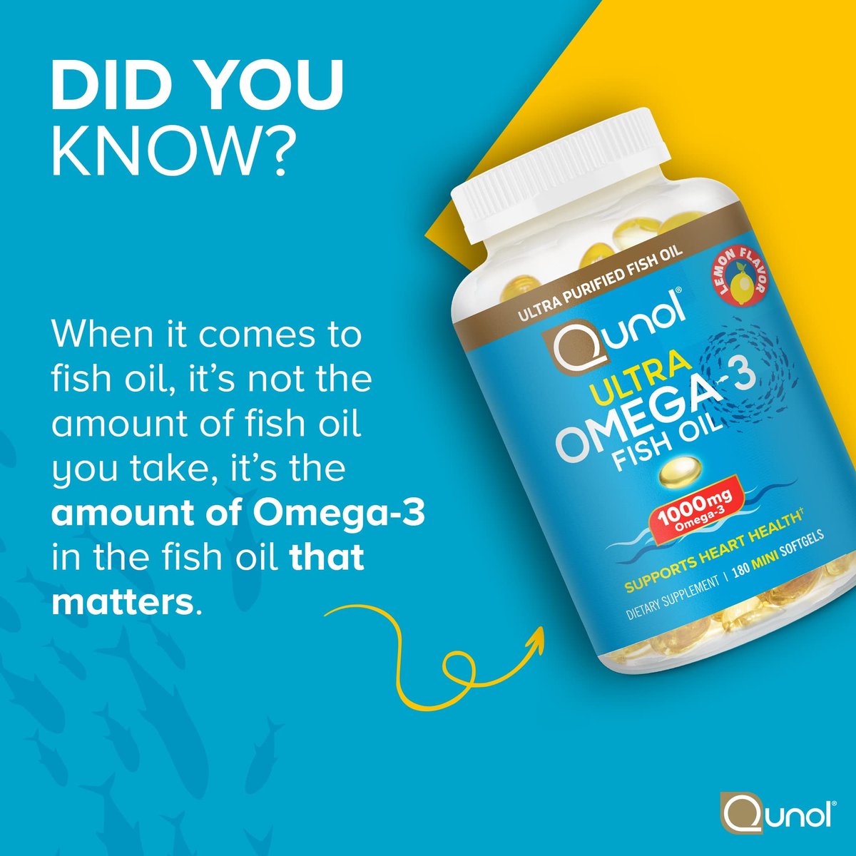 Qunol Omega-3 Fischöl Mini Weichkapseln, 1000 mg EPA + DHA, hochreine Nahrungsergänzung, Herzunterstützung, Zitronengeschmack, leicht zu schlucken, 3-Monats-Vorrat, 180 Stück