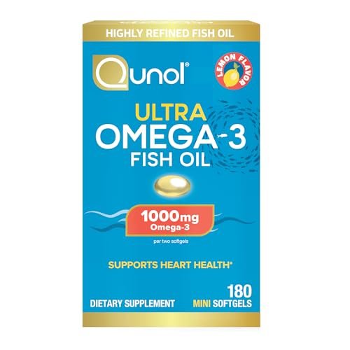 Qunol Omega-3 Fischöl Mini Weichkapseln, 1000 mg EPA + DHA, hochreine Nahrungsergänzung, Herzunterstützung, Zitronengeschmack, leicht zu schlucken, 3-Monats-Vorrat, 180 Stück